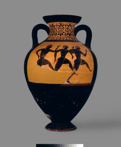 أمفورا العلية الشكل الأسود التي تصور سباق القدم ، c.520-500 قبل الميلاد (الفخار) (للعكس انظر أيضًا: 100570)
